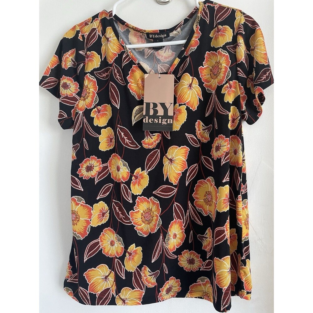 BYdesign Women's Black Floral V-Neck Short Sleeve Pullover Blouse L Regular